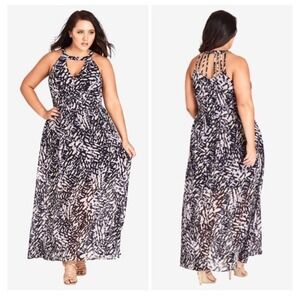 City Chic Plus Size Maxi Dress Halter Neck Black White Pink Abstract Party Sz 16